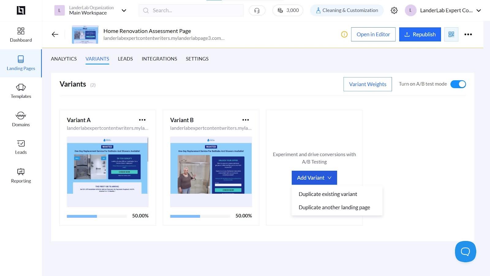 Build your Control Landing and Variant Pages