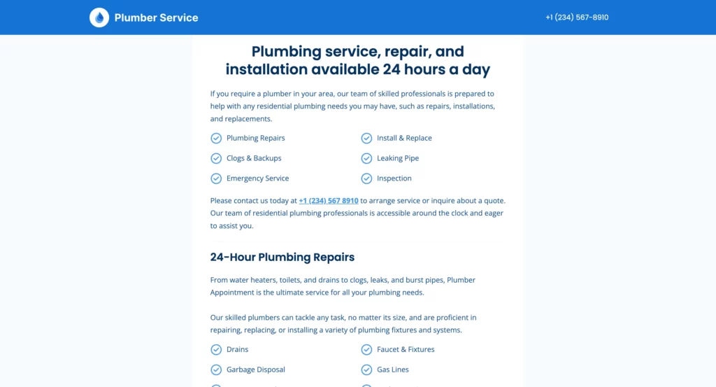 plumbing services landing page template