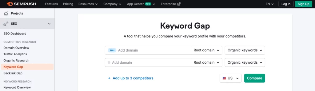 Semrush Keyword-Gap tool