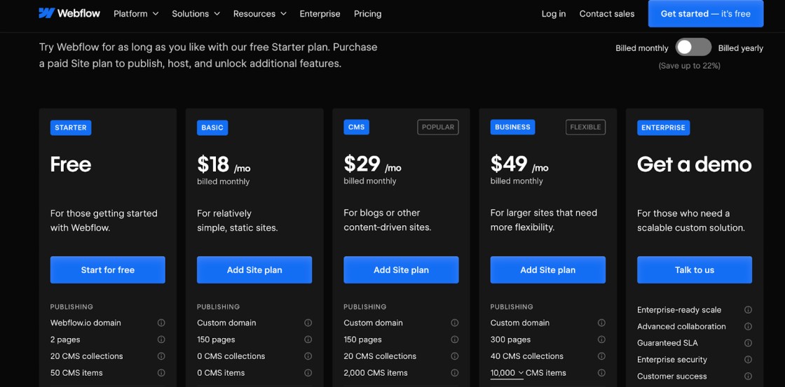 Webflow Pricing