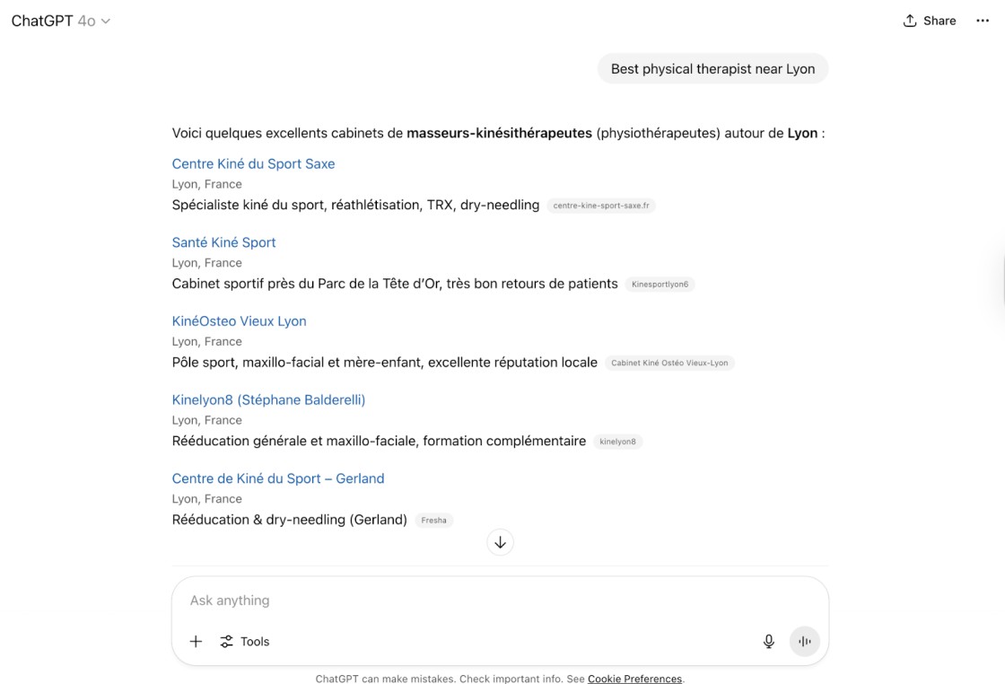 ChatGpt healthcare search example
