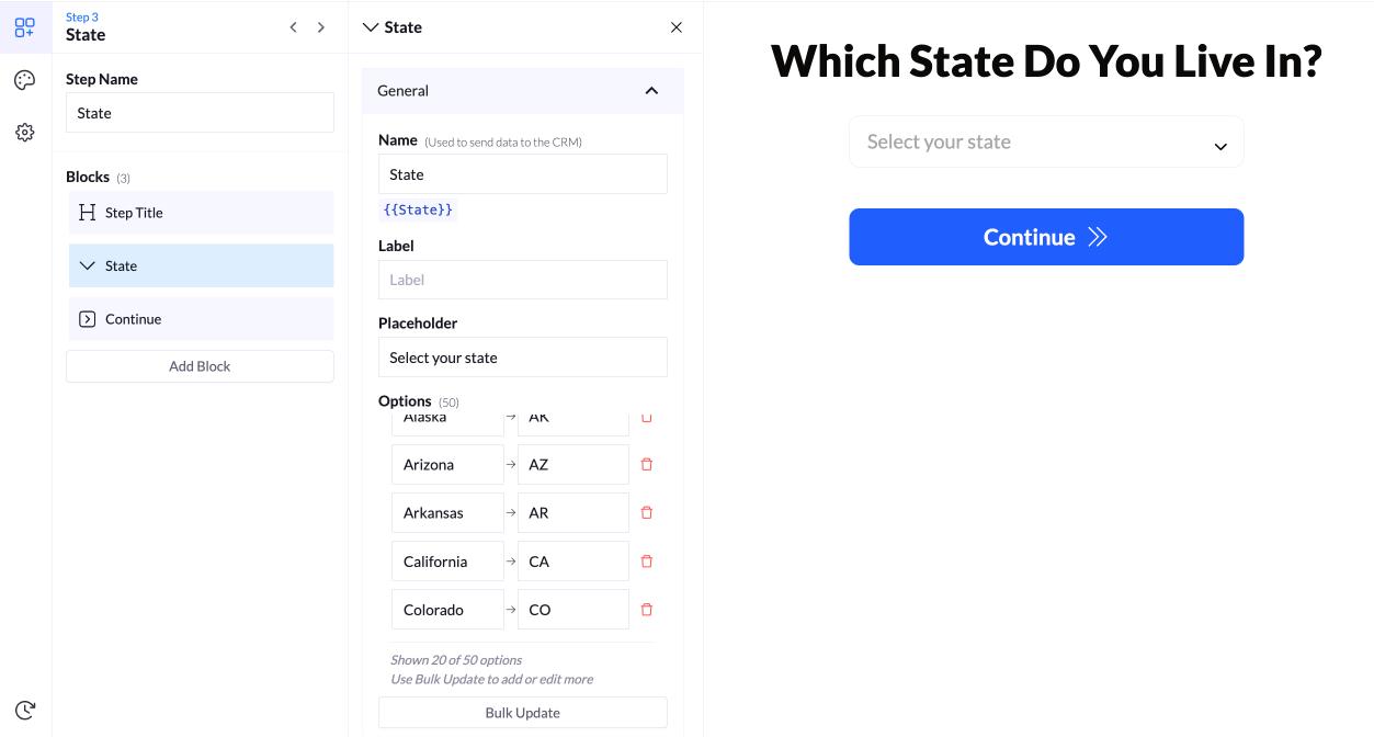 Quiz step 3: Select state of residence from dropdown menu