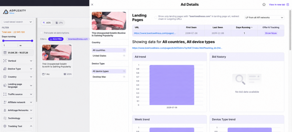 Spy tool dashboard used to find a copied landing page to clean