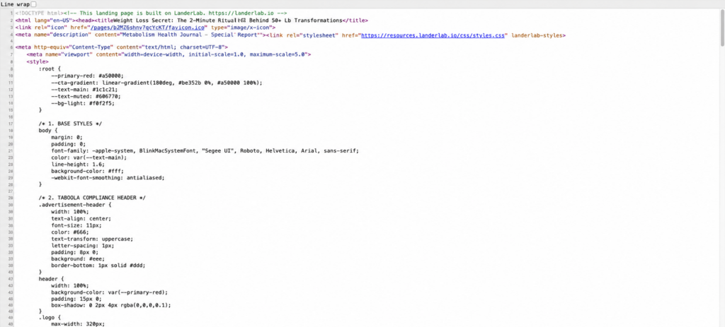 Cleaned copied landing page code with the tracking script removed