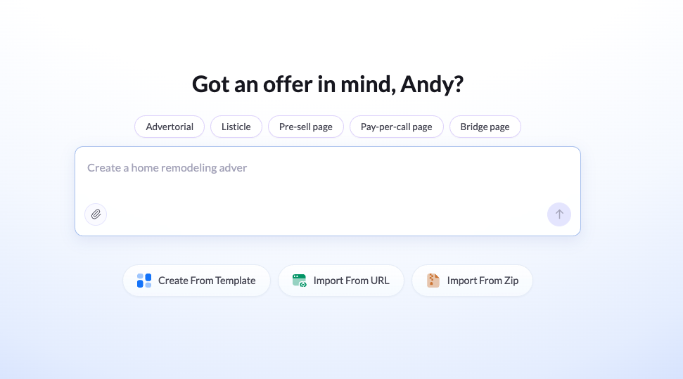 LanderLab importer loading an existing landing page into the editor from a pasted URL